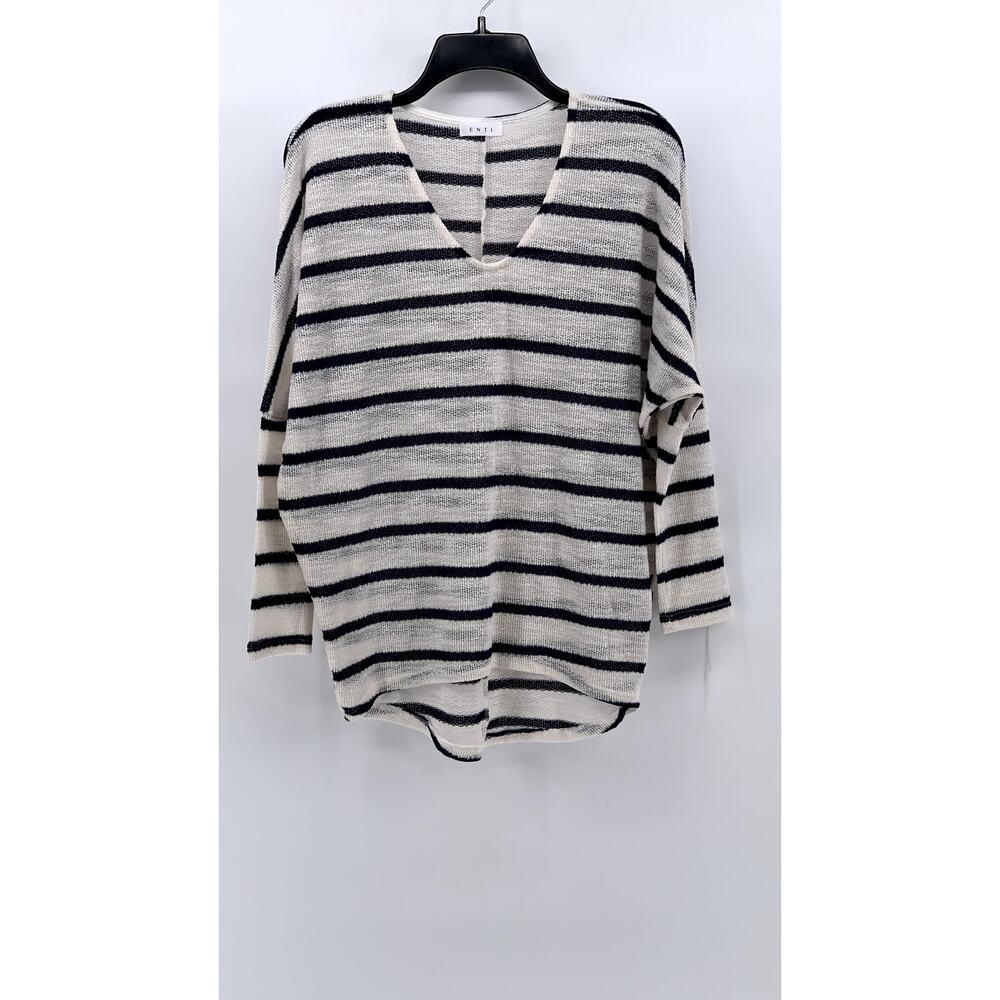 ENTI CLOTHING Women's White-Navy Striped Oversized V-Neck Long Sleeve Top SZ S